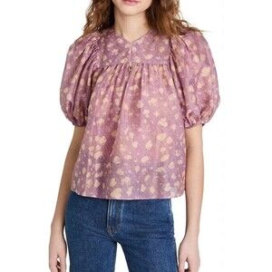 Ulla Johnson Livana Silk-Cotton Blend Puff Sleeve Lightweight V-Neck Top size 2